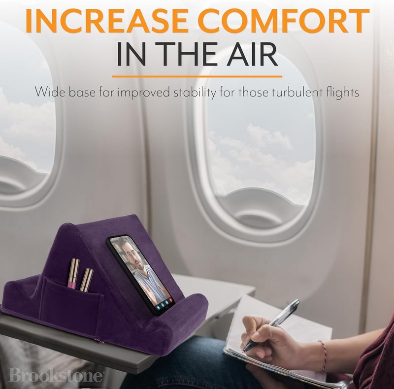 Brookstone , Memory Foam Lap Desk Tablet Holder, Holds Phones, iPads, E-Book Readers, 2 Viewing Angles, 2 Side Pockets for Accessories, Book Holder Cushion, Perfect Home, Car Travel Flights, Purple - Image 3